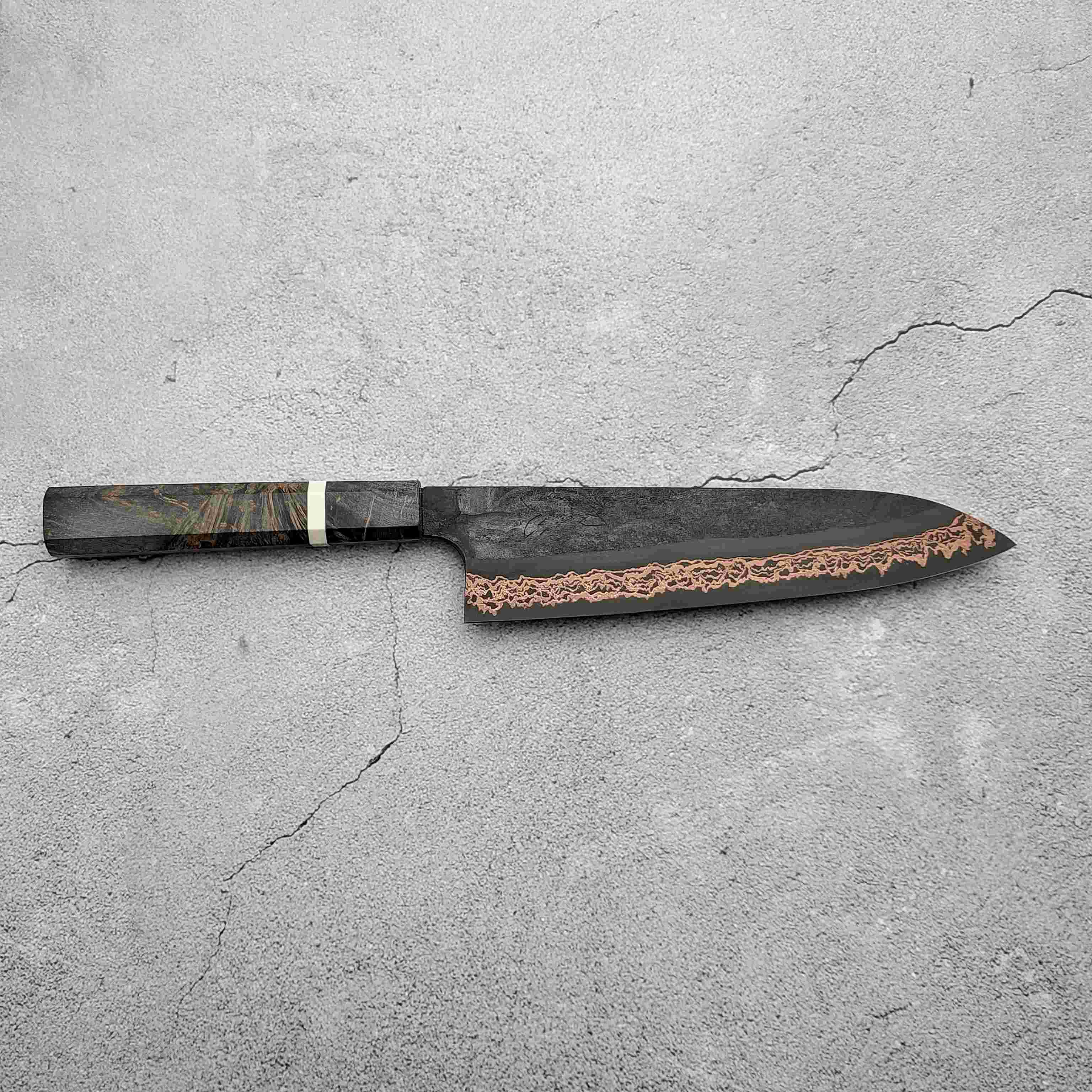 Hatsukokoro Yorokobi by Nigara - SLD Yushoku Copper Damascus Kurouchi Kurozome 210mm Gyuto